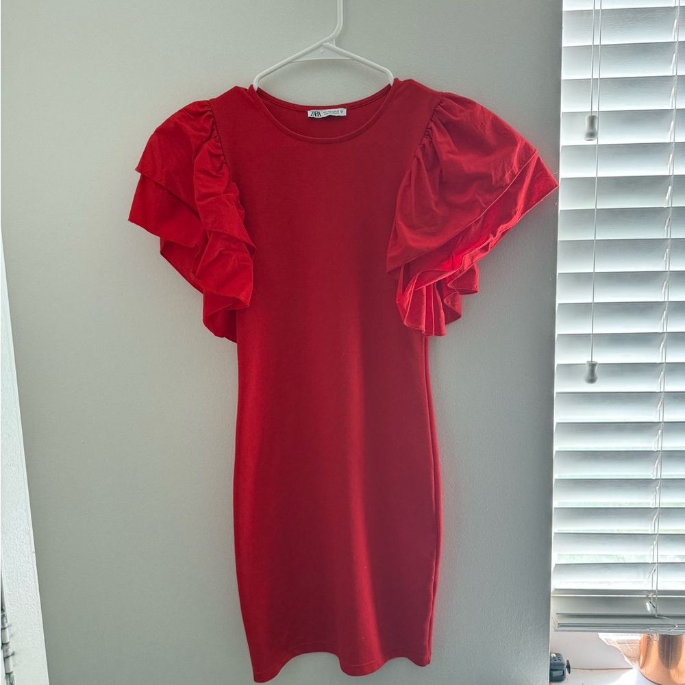 zara red puff sleeve dress